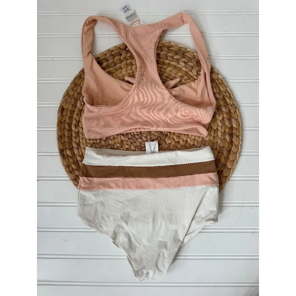 L *Space Tara Ribbed Top and Portia Stripe Bikini Bottom Cream XS